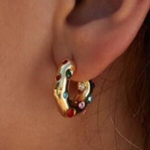 NEW Gold Multicolor CZ Huggie Hoop Earrings 14K Gold Plated Chunky Hoops